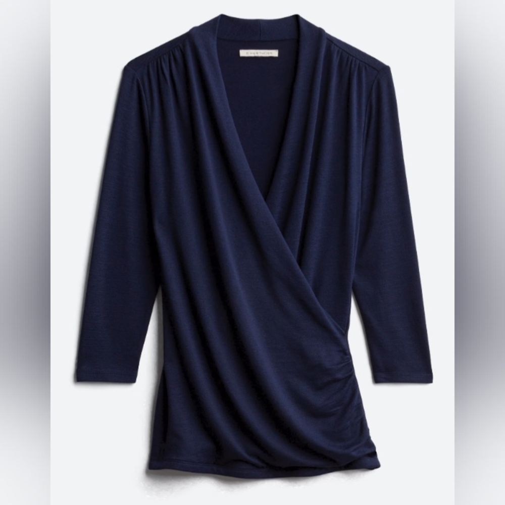 41 Hawthorn Henri Navy Blue 3/4 Sleeve Stretchy Surplice Ruched Wrap Top